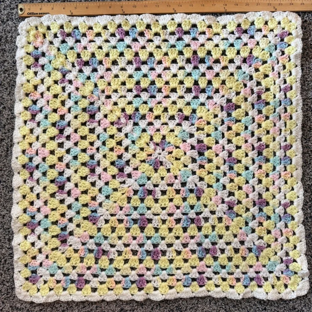 Handmade Pastel Granny Square Crochet Baby Blanket Yellow Pink Blue 25